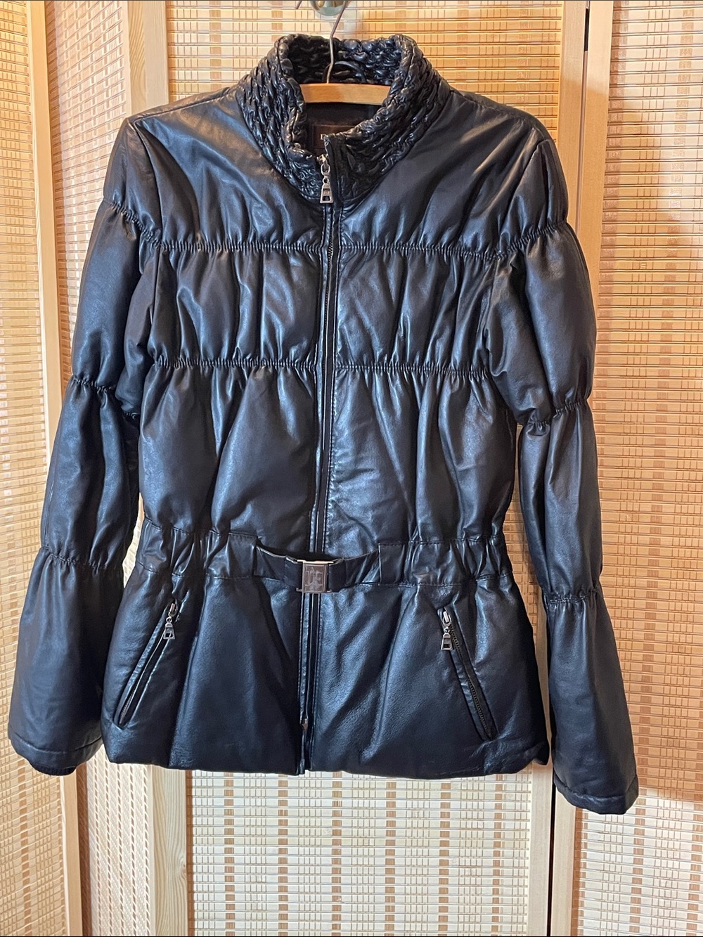 Danier Black Quilted Faux Leather Puffer Jacket with Belt Size Small